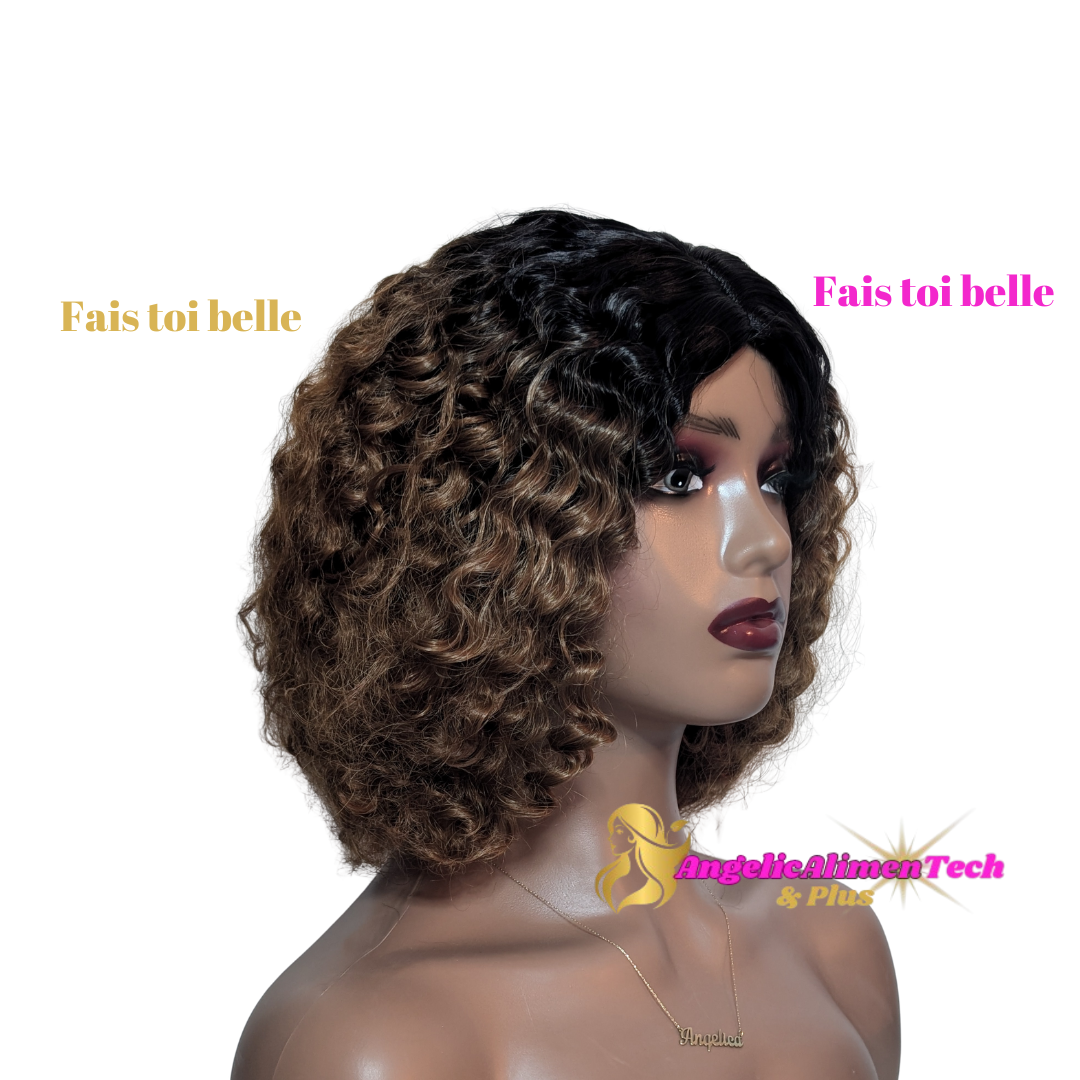 Perruque Bob Ombrée Élégante - Courte Bouclée en Cheveux Synthétiques avec Bonnet en Filet Rose